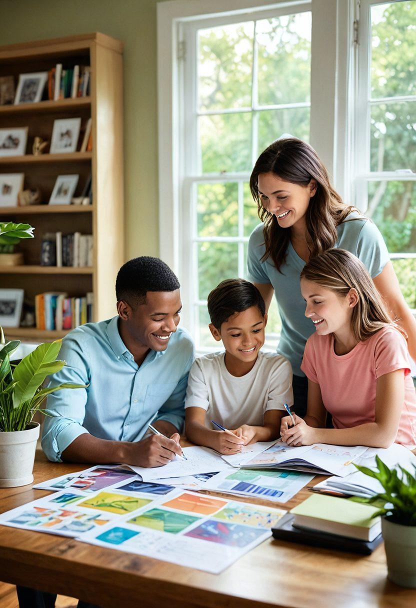 A warm, inviting family scene of a couple and their children exploring various insurance options at a cozy home office. Display brochures and charts on a desk filled with sunlight and plants. Highlight a sense of teamwork and dialogue, with friendly expressions and diverse family dynamics. Soft colors to evoke comfort and trust. super-realistic. vibrant colors. soft focus.