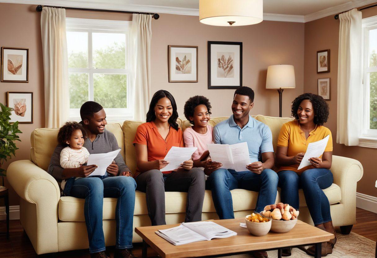 A warm and inviting illustration of a diverse family gathered together in a cozy living room, with symbols of love like hearts and protective shields subtly integrated into the background. The scene should evoke feelings of safety and happiness, with soft lighting and bright, cheerful colors that reflect love and unity. Include elements of tailored insurance, like documents or a comforting insurance agent character in the background. vibrant colors. cozy atmosphere. painting.